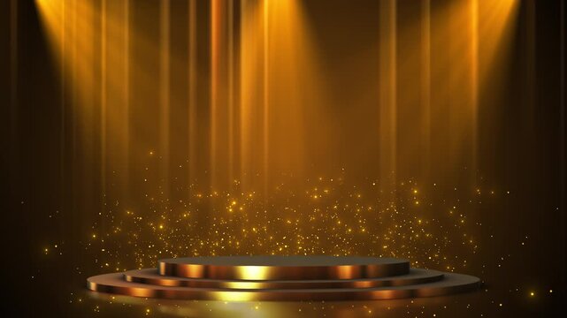 Golden podium stage background round platform, spotlights, sparkling particles, elegant theater award ceremonies, product showcases, winner titles, luxury presentations, event promos, stage loops.