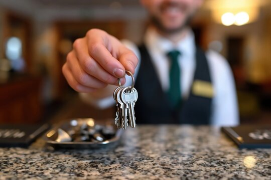 Hotel concierge handing keys to guest at reception desk