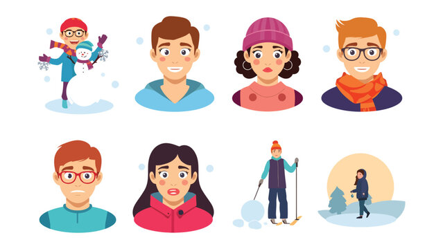 Expressive Portraits: A vibrant collection of headshot portraits capturing a diverse range of expressions, featuring individuals engaging in winter activities, their faces reflecting unique emotions.