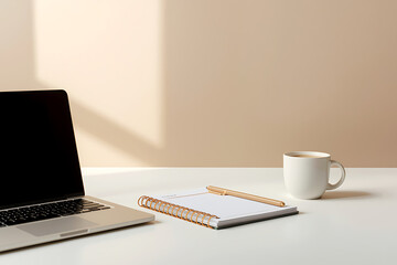 Fototapeta premium Modern laptop with a notebook and a coffee cup on a clean desk