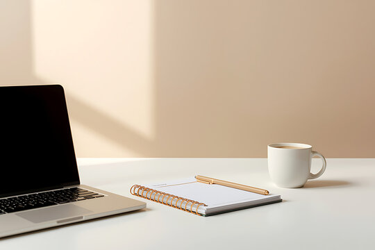 Modern laptop with a notebook and a coffee cup on a clean desk