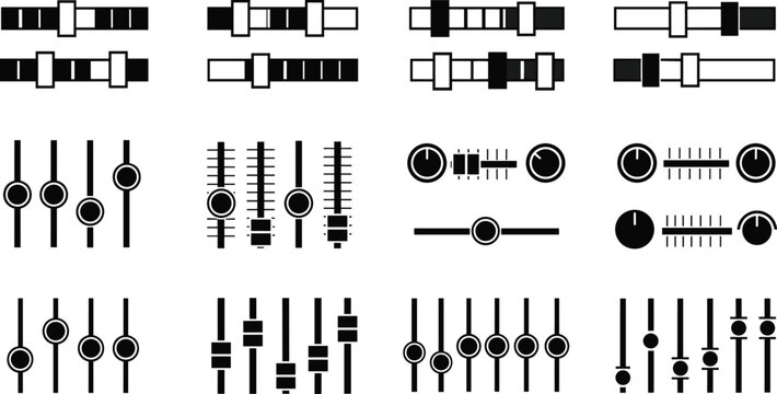 Audio mixer sliders and knobs icons set with volume controls equalizer faders vector illustration music interface design