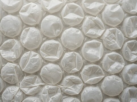 Macro of biodegradable plant-based bubble wrap texture with milky white matte semi-deflated pockets