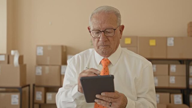 Senior man holding tablet and stylus, checking parcels in a building with stacked boxes and shelves; diligence responsibility.