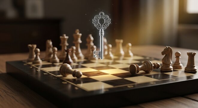 Chessboard with key concept of strategy problem solving and opportunity