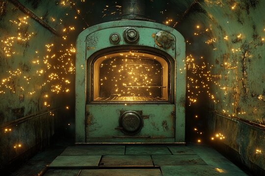 Underwater oven surrounded by magical fireflies illuminating the ancient walls in a mystical setting