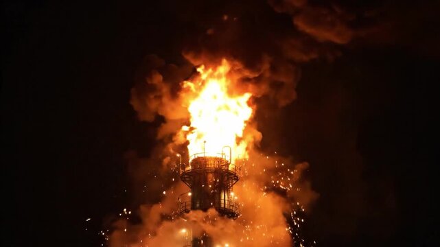 Burning oil refinery flare stack at night with bright fire, flame, and sparks illuminating dark sky, releasing thick smoke and intense heat in powerful industrial energy production scene