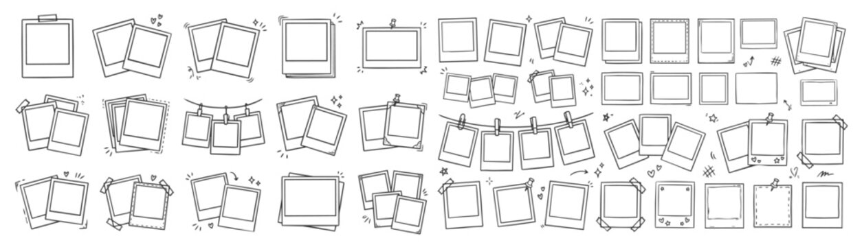 Hand drawn doodle vector set of polaroid photo frames, sketchy ink pen instant picture borders, scrapbook style collage elements, and vintage photo layouts for social media and memory collections