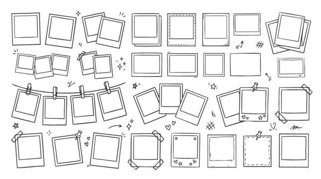 Hand drawn doodle vector set of polaroid photo frames, sketchy ink pen instant picture borders, scrapbook style collage elements, and vintage photo layouts for social media and memory design