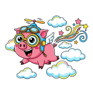 Flying Pig Cartoon Character with Goggles and Propeller Hat
