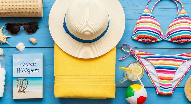 Summer beach vacation accessories on blue wooden background, top view