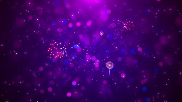 Purple fireworks bokeh background bright star sparks, soft magenta floating light orbs, festive cosmic depth. celebration party intros, holiday promos, wedding screens, music visuals, magical overlays