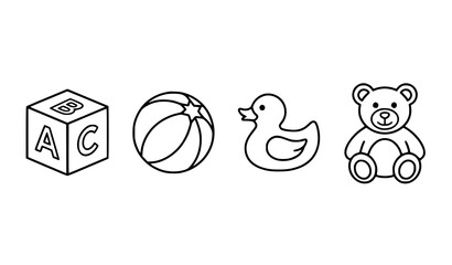 Fototapeta premium Set of baby toys including alphabet block, ball, rubber duck and teddy bear, vector line art.