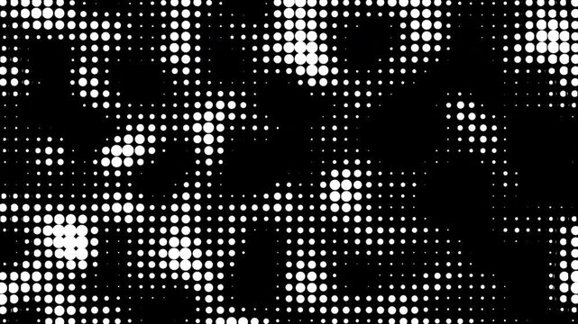 White halftone dots move and change size on a black background with alpha channel creating a dynamic pattern of circles that flow across the dark digital screen display.