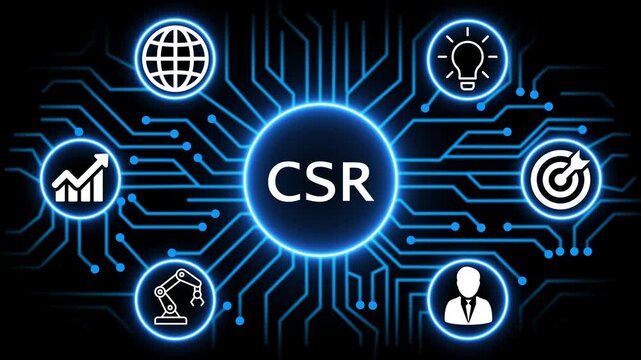 CSR concept with circuit lines and digital symbols hovering above a businessman, technology. manufacturing process management all connected in a digital circle like pattern.