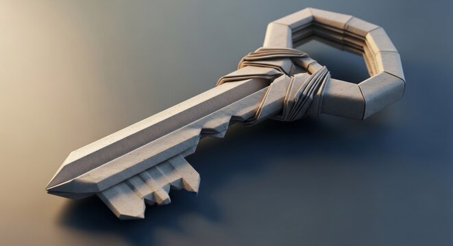 Close up of a metallic key isolated against a simple background
