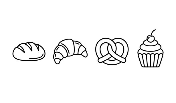 Bakery product icons including bread, croissant, pretzel and cupcake, vector food illustration.