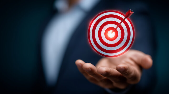 Business hand holding glowing target with red arrow, marketing goal achievement, strategy success, focus and performance concept, realistic dark corporate scene business goal, targ