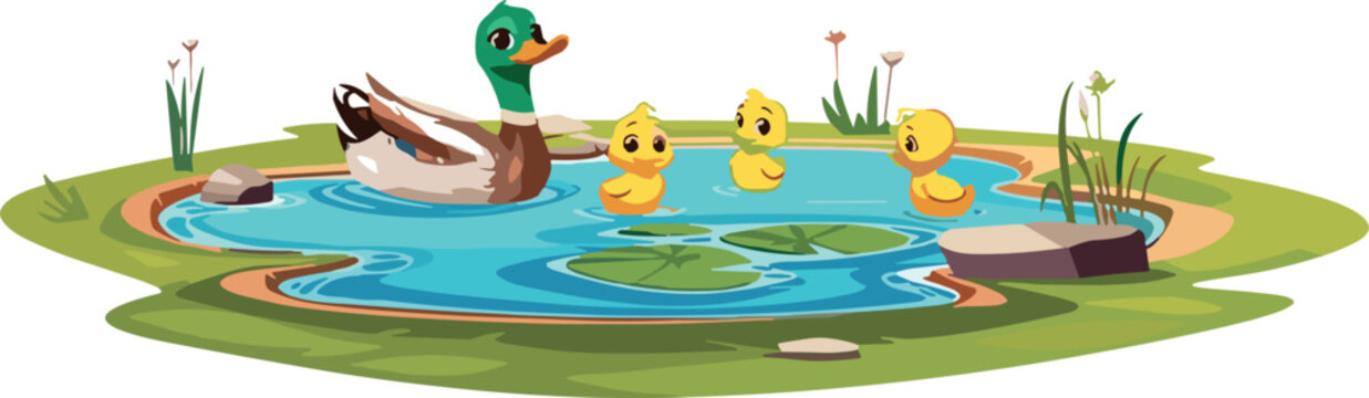 Cartoon Duck Family Vector Illustration Featuring a Mother Mallard and Her Ducklings in a Pond Setting