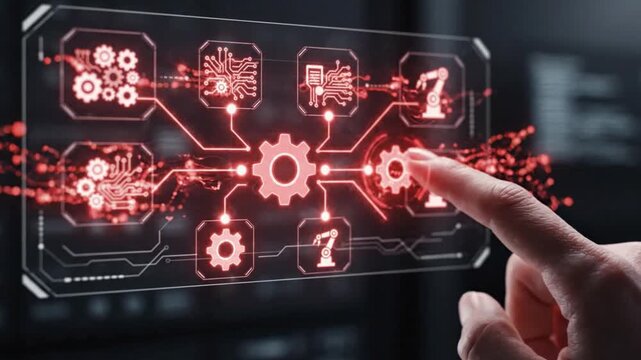 Finger control digital interface technology automation gear interaction robot circuit board glowing futuristic display innovation system hand robotic arm user touch smart system design