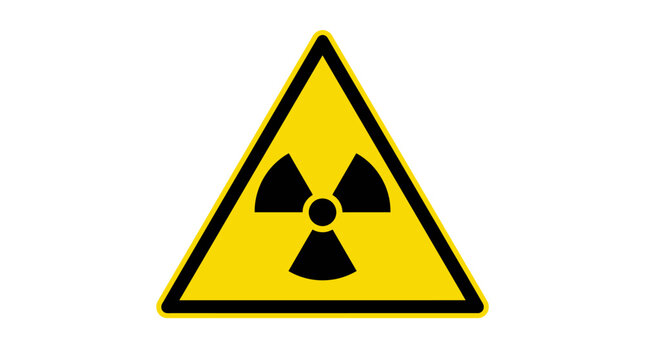 A black radioactive hazard symbol is isolated inside a yellow caution triangle to provide a nuclear power safety alert regarding toxic atomic radiation risk