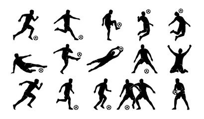 Collection of football player black silhouettes, soccer match actions isolated on white. © Songkari