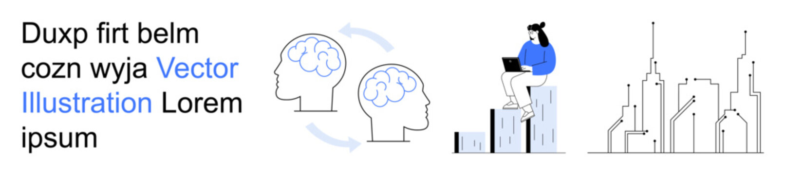 Behavioral psychology, data analytics, digital learning, business strategy, modern cities, personal productivity. Human brain diagrams, woman on growing bar graph city skyline. Behavioral psychology