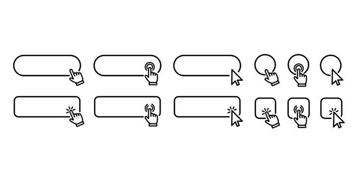 Click cursor set button with hand pointer clicking. Click here web button sign. Isolated website buy or register bar icon with hand finger arrow clicking cursor &ndash; for stock Vektor
