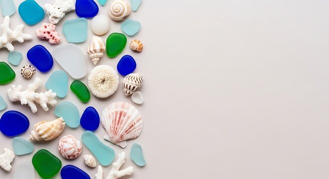 Top view of colorful sea glass and seashells on white background