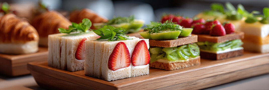 Assortment of gourmet Japanese fruit sandos with strawberries and kiwi, plus mini pastries and croissants, arranged on a wooden board for elegant tea or dessert table