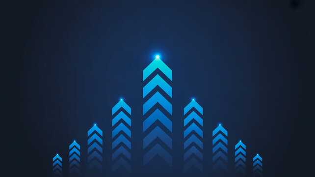 A minimalist digital art background featuring a series of glowing blue chevron arrows arranged in a symmetrical pattern against a deep navy blue gradient background