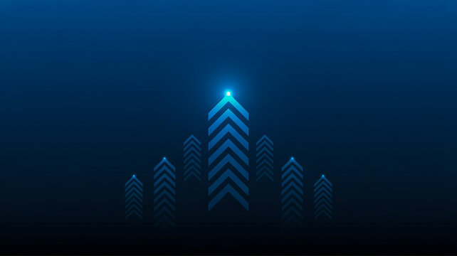 A minimalist digital art background featuring a series of glowing blue chevron arrows arranged in a symmetrical pattern against a deep navy blue gradient background
