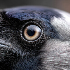 Obraz premium Extreme macro close up of a bird eye showing intricate details of feathers and pupil reflections with sharp textures of grey and black plumage in high resolution nature photography detail.