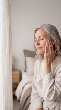Beautiful middle aged woman with grey hair applying face serum or moisturizer to her cheek while sitting in a bright, minimalist bedroom
