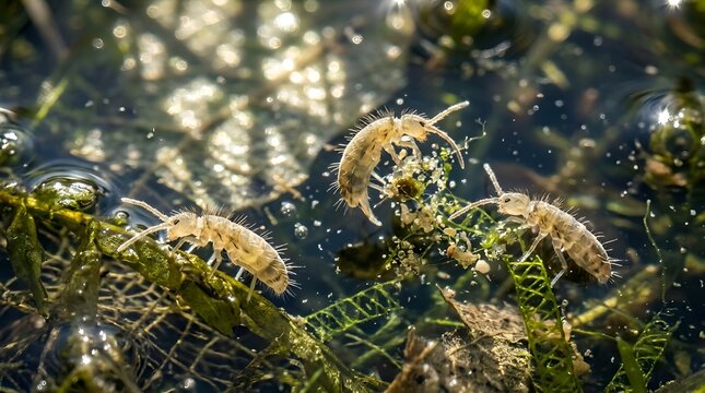 Macro Shot of Tiny Springtails on Pond Water Surface