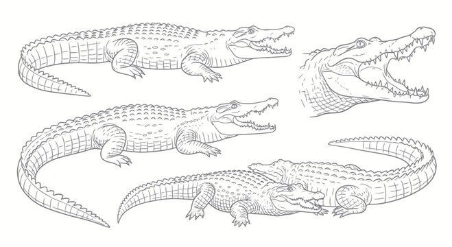 Line Art Crocodiles Collection: Various Poses and Angles, White Background