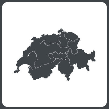 Switzerland Map Silhouette with Cantons Outline, Dark Grey on White Background