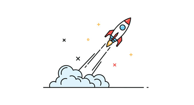 Cartoon-style illustration of a colorful rocket ship launching upwards through soft clouds, surrounded by small stars and simple crosses.