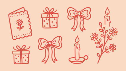 Hand-drawn celebration icons including gift boxes, bows, candles, and a greeting card. Ideal for festive invitations and decorative scrapbooking © Sahabat