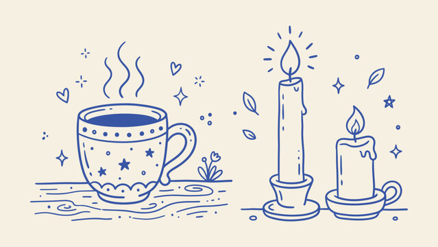 Hand-drawn vector illustration of a steaming coffee mug and lit candles. Representing cozy hygge atmosphere, relaxation, and mystical celestial vibes
