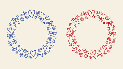 Hand-drawn doodle wreaths with hearts, bows, and flowers in blue and red. Ideal for Valentine's Day cards, wedding invitations, and romantic border designs © Sahabat
