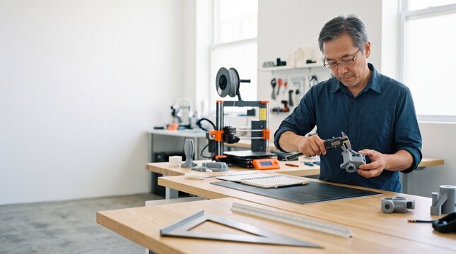Asian male engineer measuring a 3D printed part with digital calipers in a modern workshop