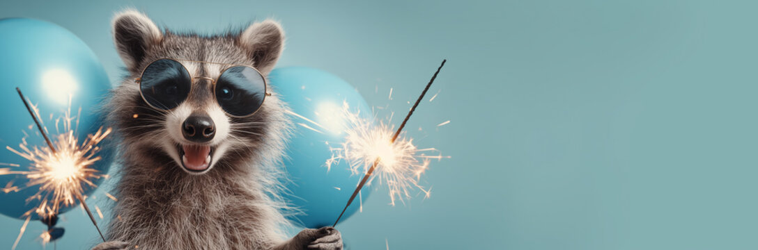 Funny animal raccoon wearing sunglasses holding happy birthday balloons and burning sparklers greeting card on blue background with copy space.