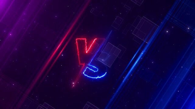 Neon versus red and blue electric shapes, space, geometric panels, diagonal light beams, star particles. sports battles, gaming intros, match promos, tournament videos, trailers, broadcast overlays.