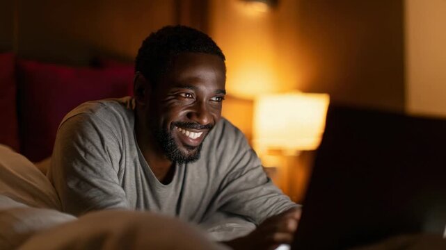 Man smiles while using laptop in bed at night in a cozy room with warm lighting