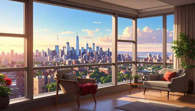 Modern apartment interior with city view and natural light