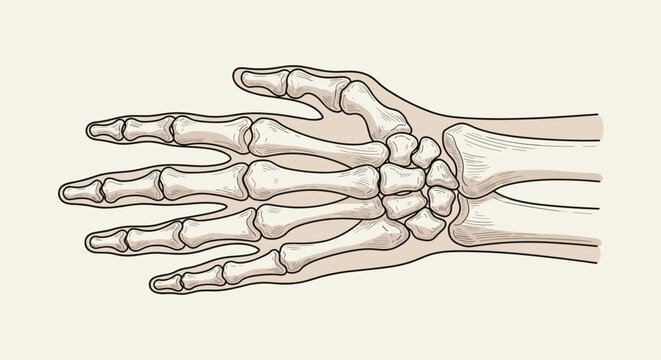Detailed anatomical drawing of a human hand skeleton showing carpal, metacarpal, and phalanges bones in a vintage style.
