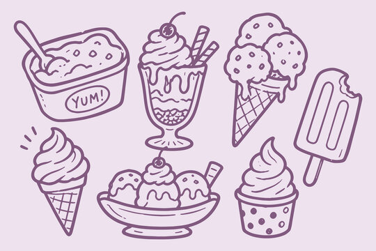 Ice cream desserts set purple doodle pattern vector