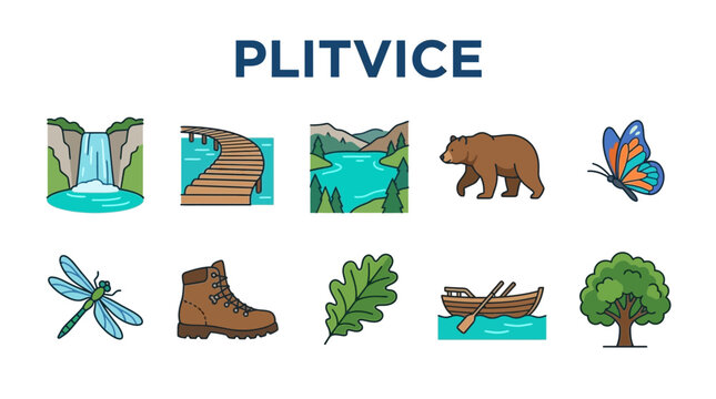 Plitvice Lakes National Park Nature Icons Collection.