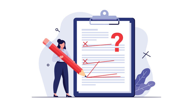 Illustration of a woman using a large red pencil to mark errors on a giant clipboard survey showing wrong answers.
